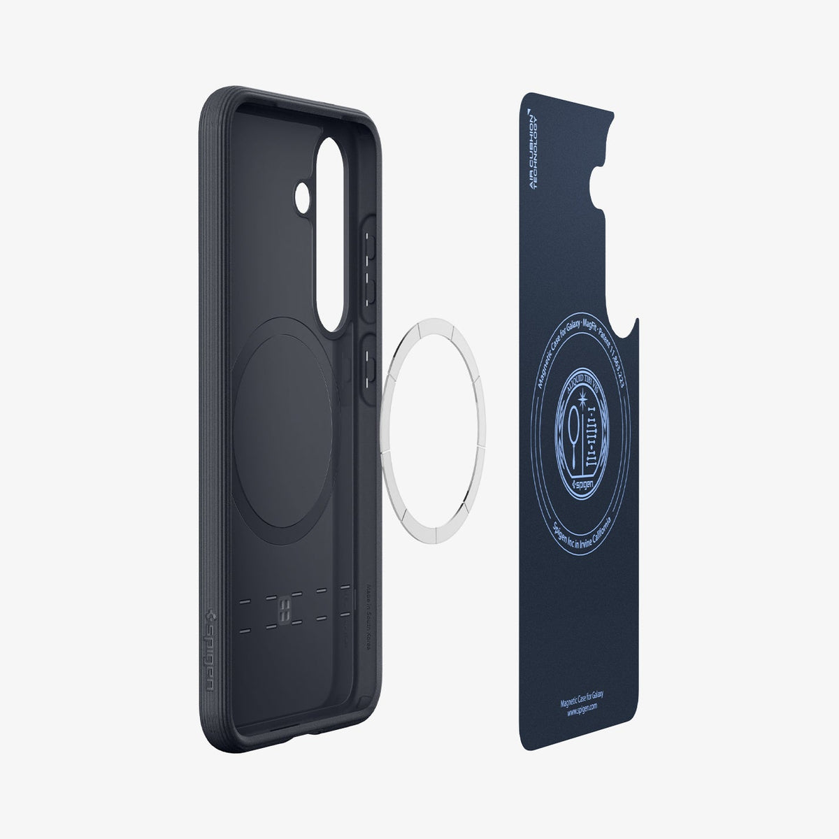 ACS09064 - Galaxy S25 Case Parallax (MagFit) in Navy Violet showing the inner layer hovering in front of a detached ring magnet and the case