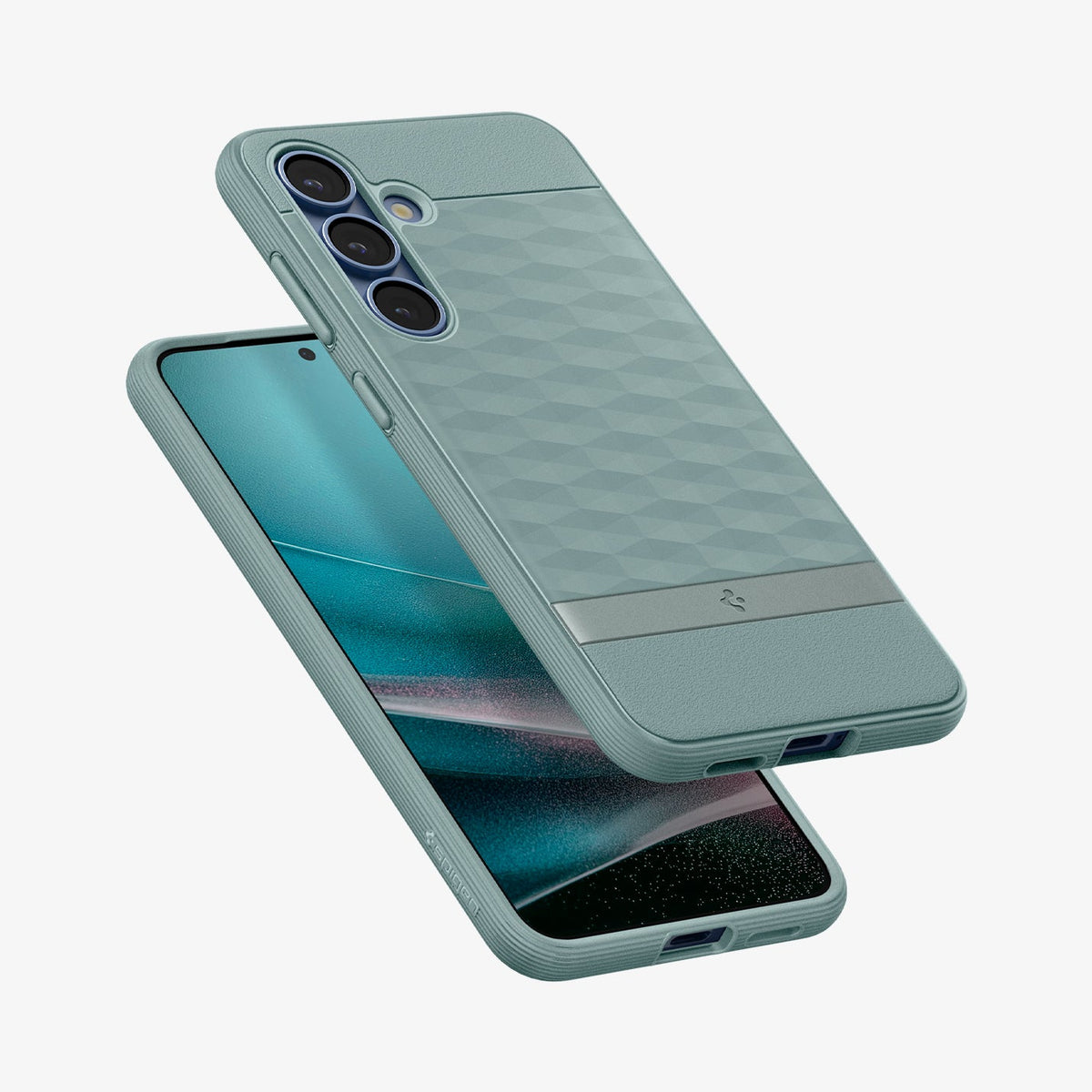 ACS09060 - Galaxy S25 Plus Case Parallax (MagFit) in Sage Green showing the back, partial side and bottom hovering above the device showing partial front, side and bottom