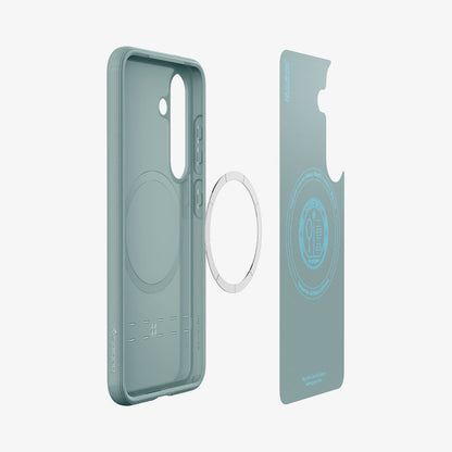 ACS09060 - Galaxy S25 Plus Case Parallax (MagFit) in Sage Green showing the inner layer hovering in front of a detached ring magnet and the case