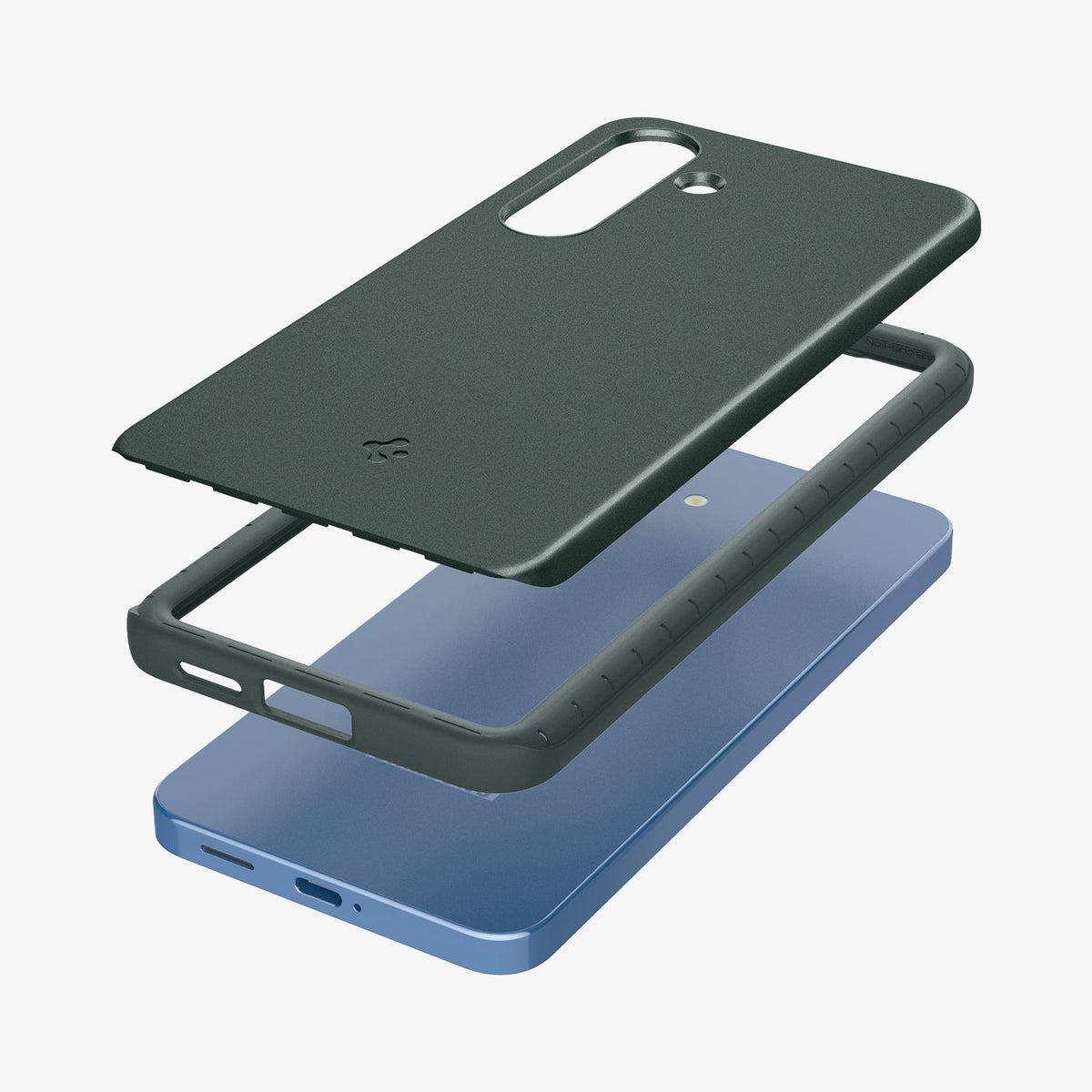 ACS08994 - Galaxy S25 Case Thin Fit (MagFit) in Abyss Green showing the detached back layer hovering above tpu frame and device