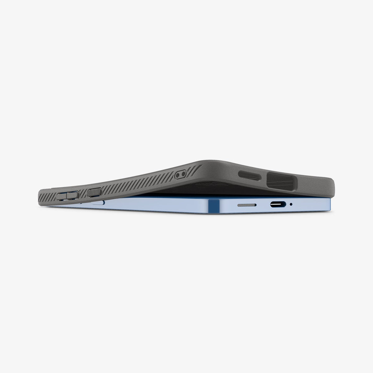 ACS08980 - Galaxy S25 Plus Case Liquid Air in Marble Gray showing the side and bottom slightly lifted up from the device