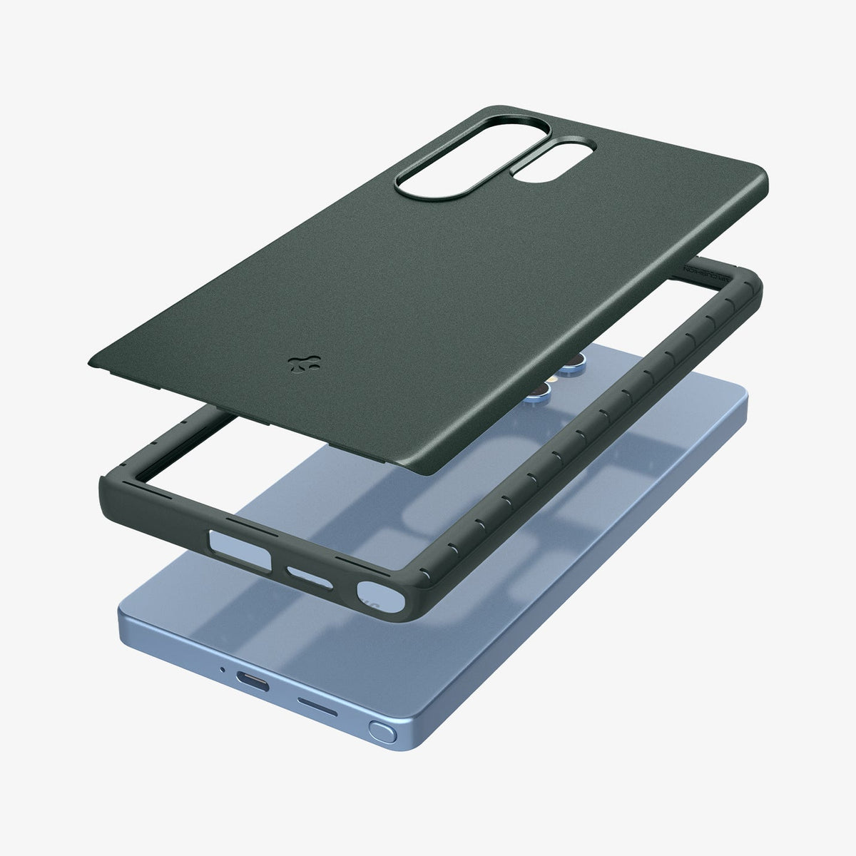 ACS08947 - Galaxy S25 Ultra Case Thin Fit (MagFit) in Abyss Green showing the detached back layer hovering above tpu frame and device