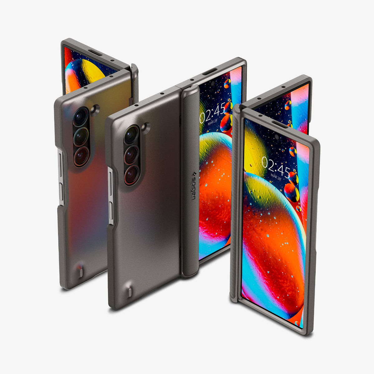 ACS07821 - Galaxy Z Fold 6 Case Slim Armor Pro in Gunmetal showing the front, partial front, back, partial back and hinge of 3 devices aligned with each other