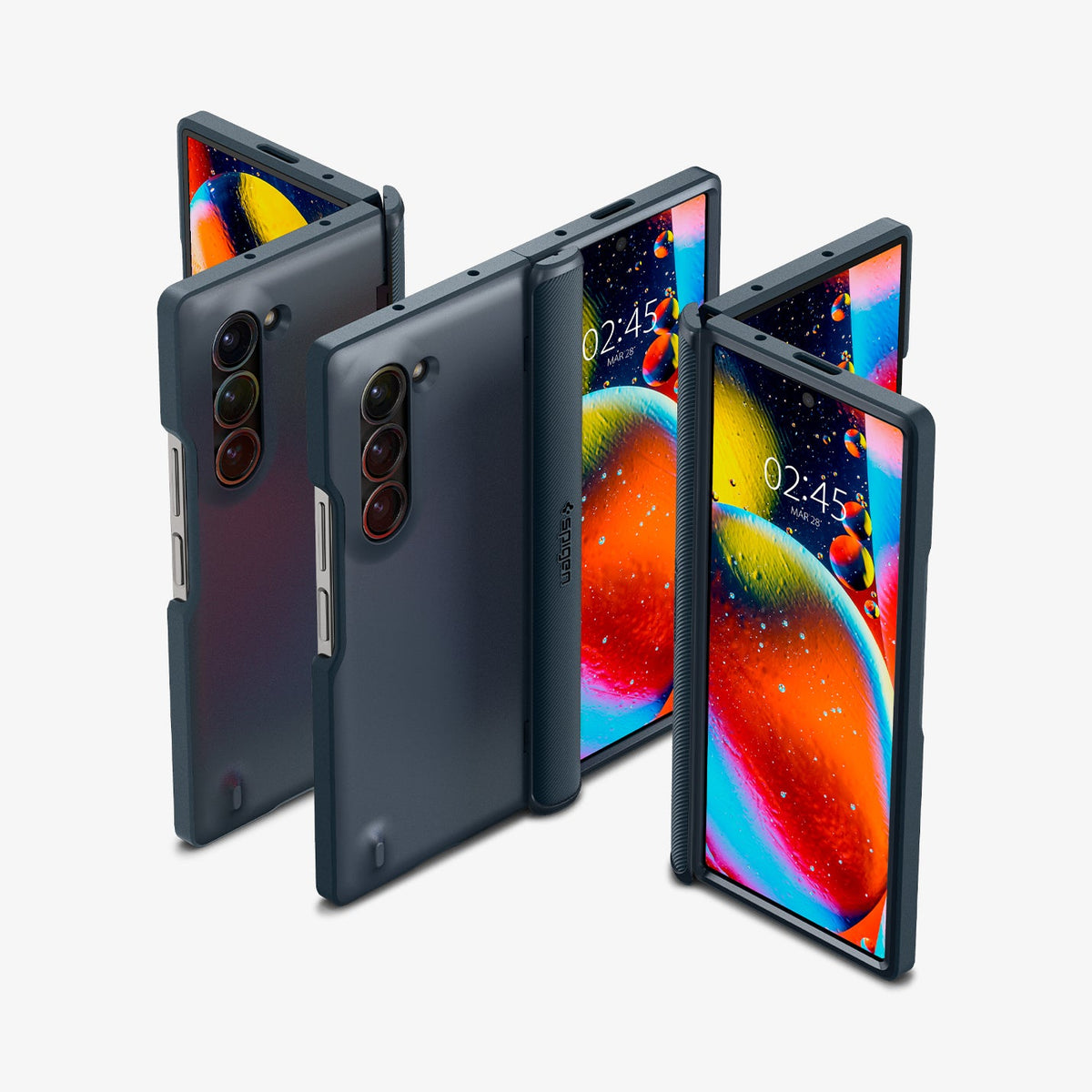 ACS08286 - Galaxy Z Fold 6 Case Slim Armor Pro in Metal Slate showing the front, partial front, back, partial back and hinge of 3 devices aligned with each other