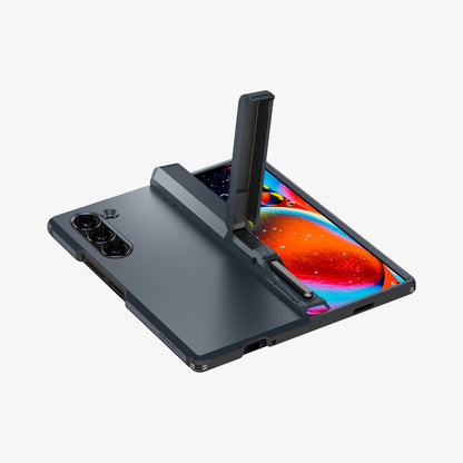 ACS08287 - Galaxy Z Fold 6 Case Tough Armor Pro P in Metal Slate showing the back, hinge with built-in kickstand raised up, and partial front, side and bottom