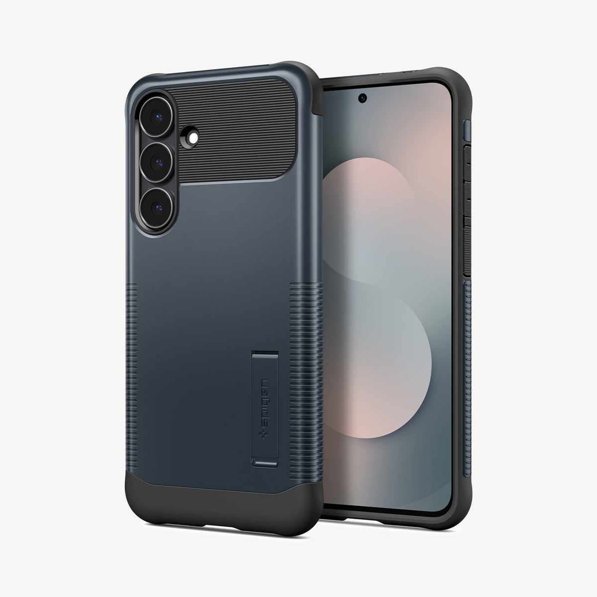 ACS11642 - Galaxy S25 FE Slim Armor (MagFit) in Metal Slate showing the back and next to it, a device facing front and side