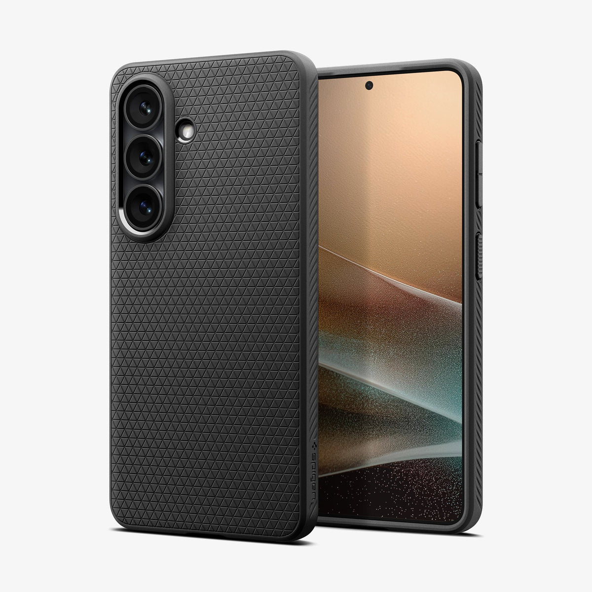 ACS11043 - Galaxy S26 Plus Liquid Air (Mag Fit) in Matte Black showing the back with the device, partial back case only, partial front and sides