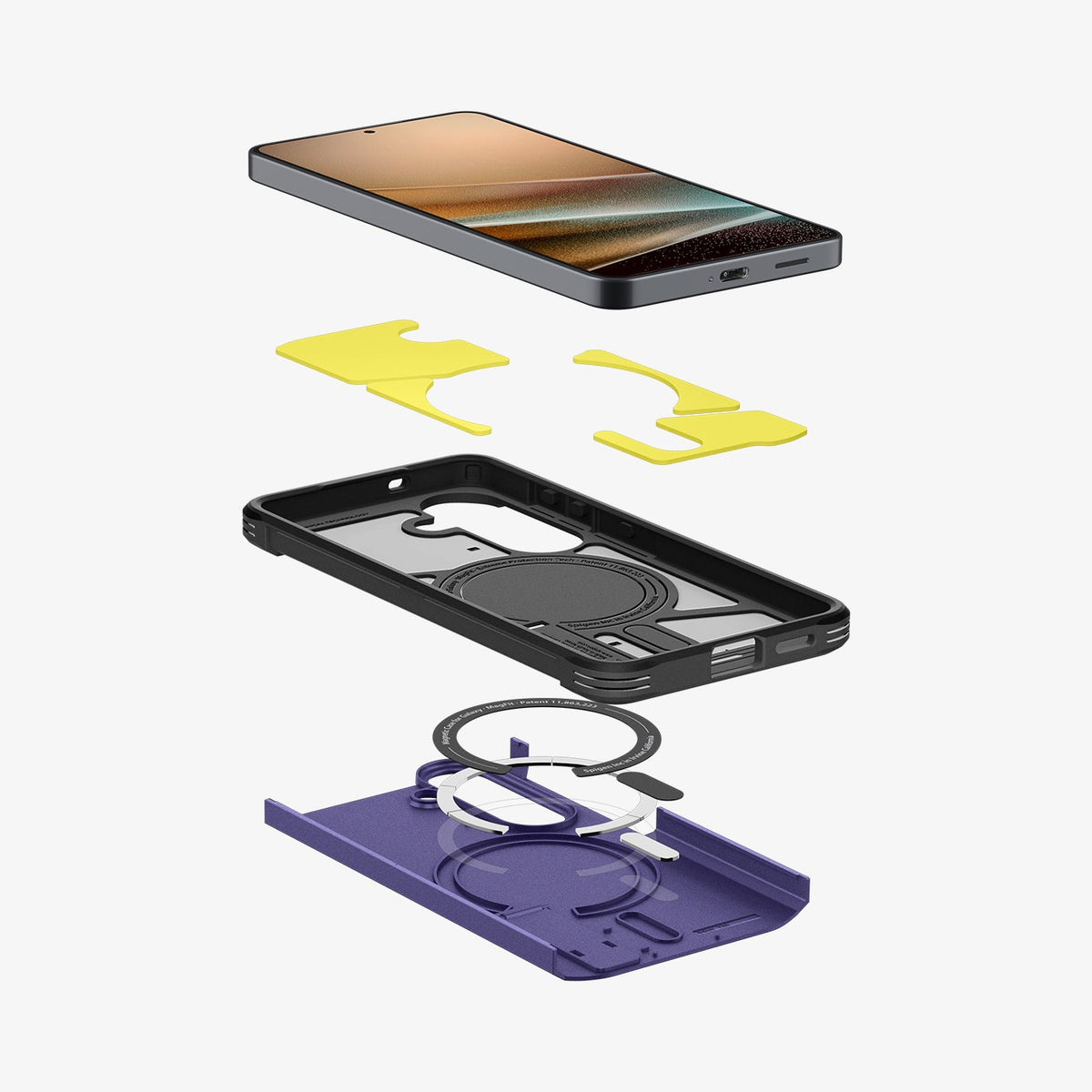 ACS11168 - Galaxy S26 Case Tough Armor (Mag Fit) Ash Violet showing 3D view of case and phone, showing the impact foam technology in the case and magfit