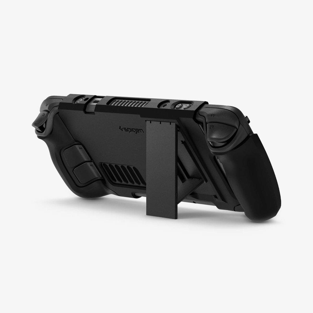 ACS06040 - Steam Deck Case Thin Fit Pro in black showing the back with device propped up by built in kickstand
