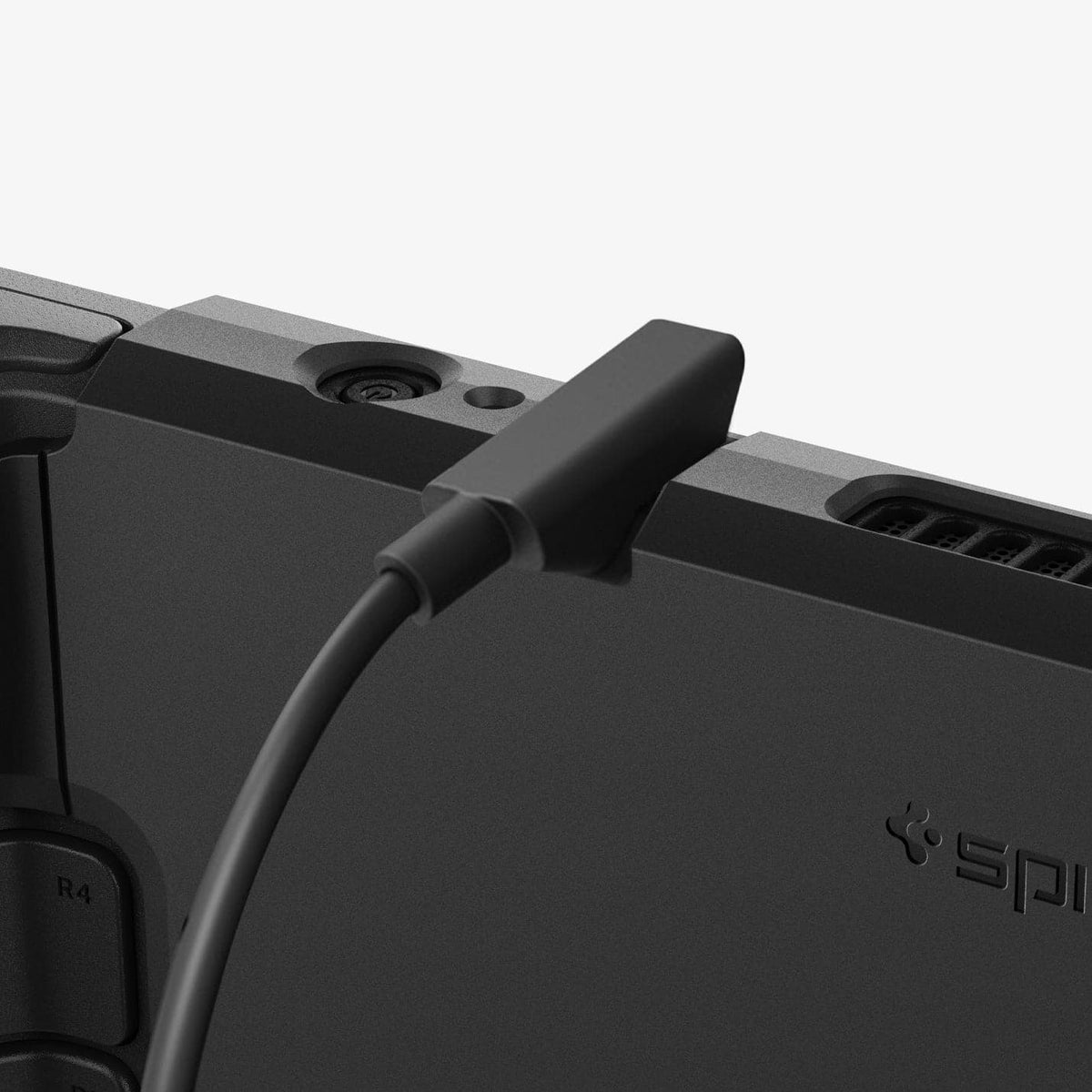 ACS06040 - Steam Deck Case Thin Fit Pro in black showing the charging cable plugged in