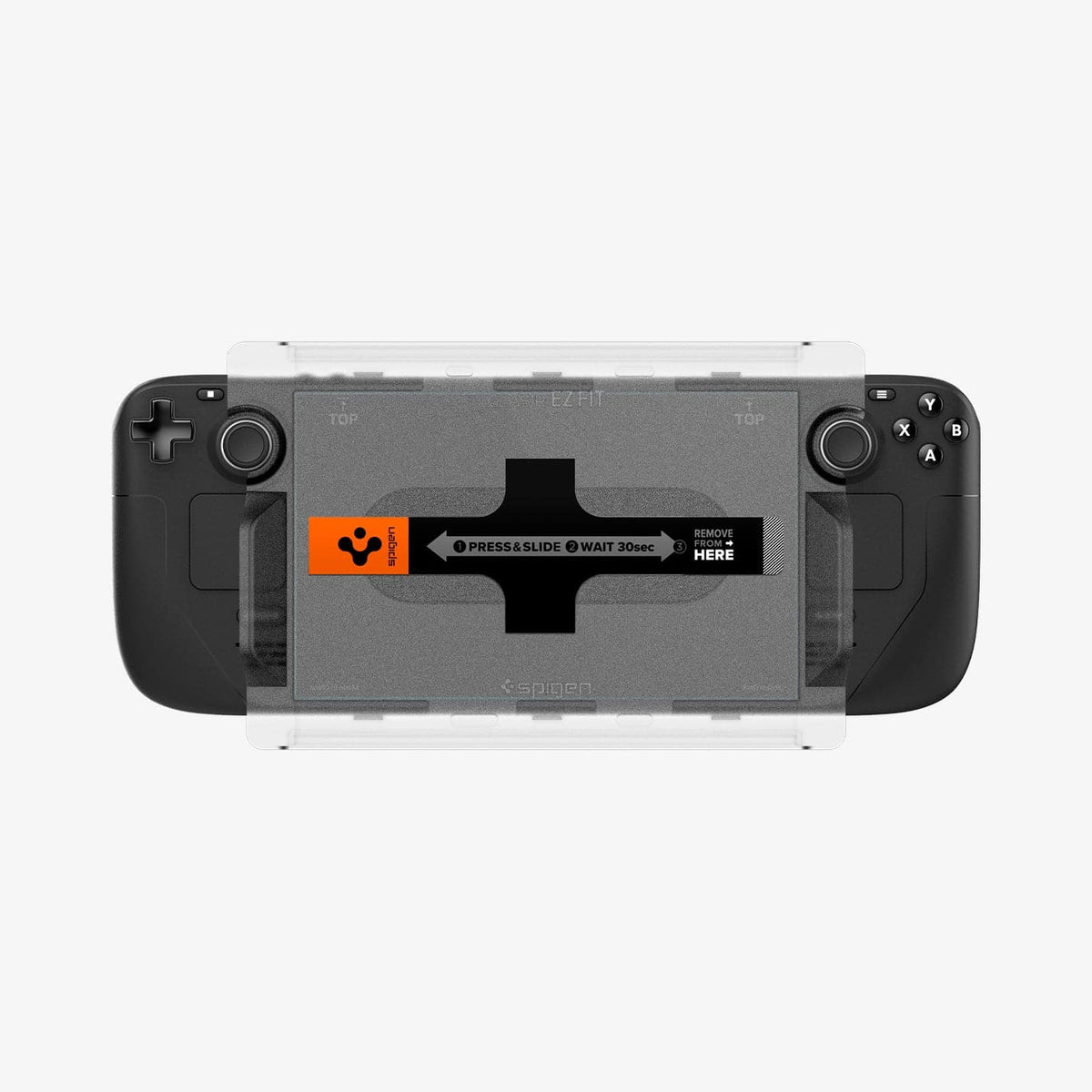 AGL05600 - Steam Deck Screen Protector EZ FIT GLAS.tR showing the ez fit tray installed on front of device
