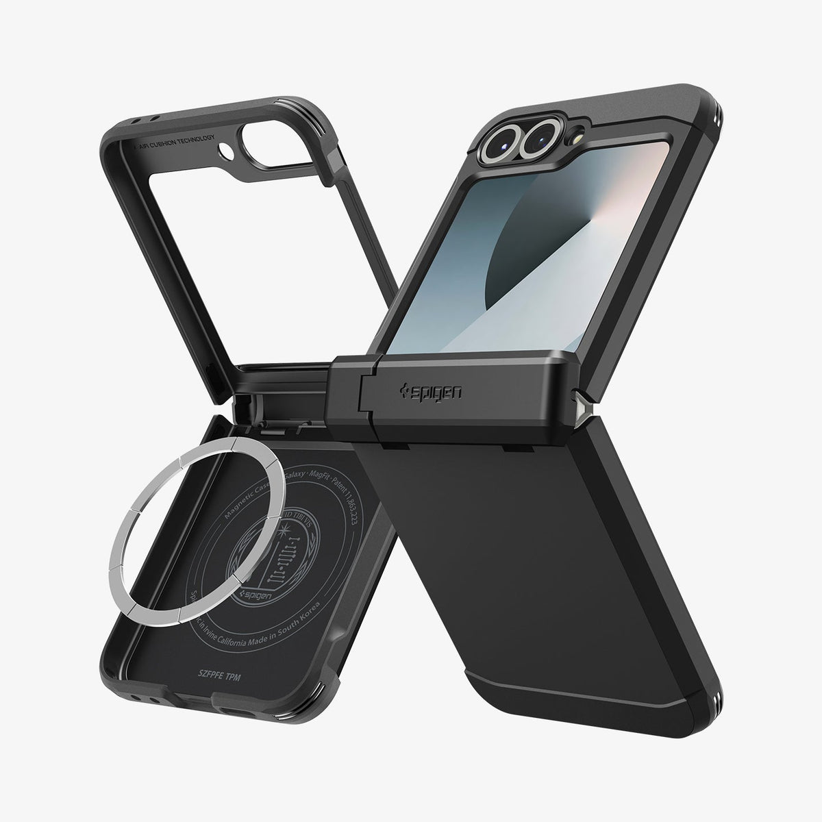 ACS09807 - Galaxy Z Flip 7 FE Series Tough Armor Pro (MagFit) in black showing the back, side and inside of two devices