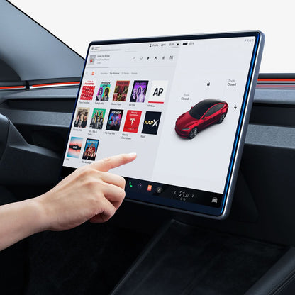 AGL10654 - Tesla Series - Screen Protector GLAS.tR EZ Fit 15.4 showing a person attempting to touch the screen with their finger