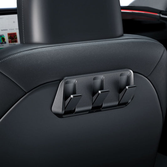 ACP09201 - Tesla Model 3 (2017-2023) Car Seat Hook TO283 in Black showing the front partial side installed at the back of the driver's seat