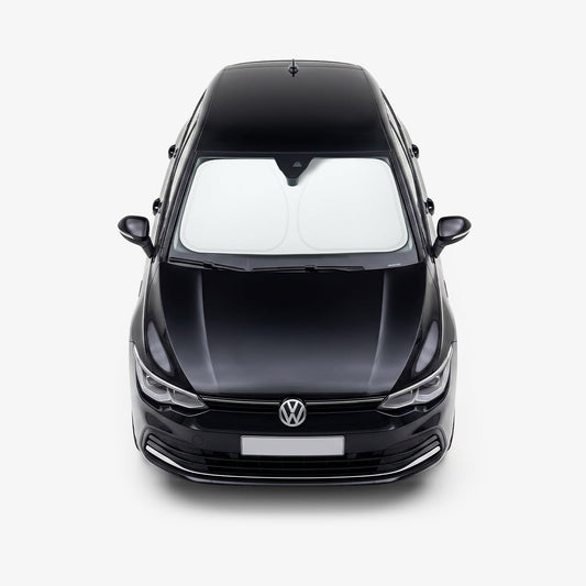 ACP11459 - Universal CryoShade UO260 S showing sunshade installed inside windshield of black volkswagen sedan viewed from front exterior