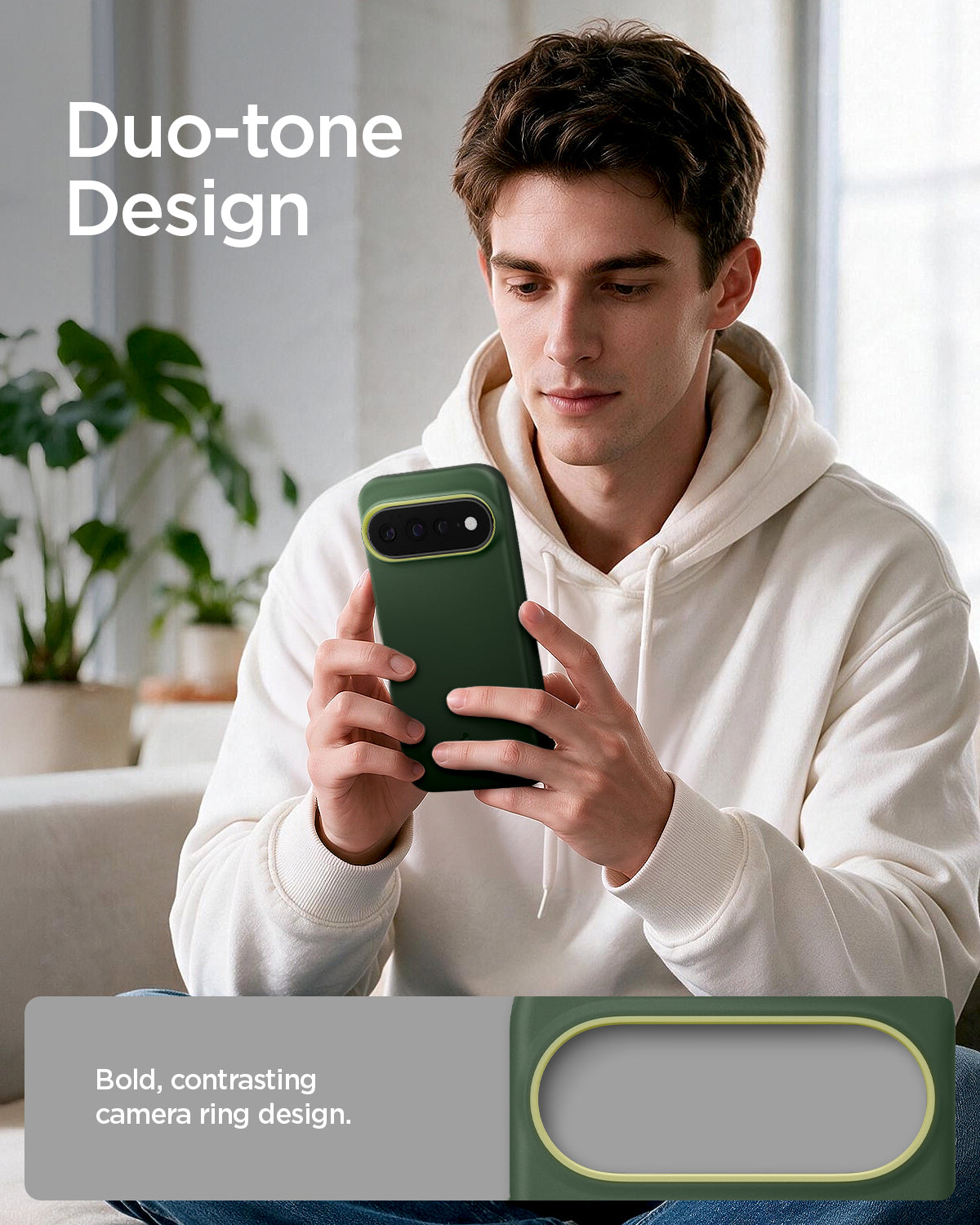 ACS11456 - Pixel 11 Pro XL Nano Pop (Mag Fit) Avo Green person holding the Nano Pop MagFit case featuring a contrasting camera surround and smooth exterior finish.