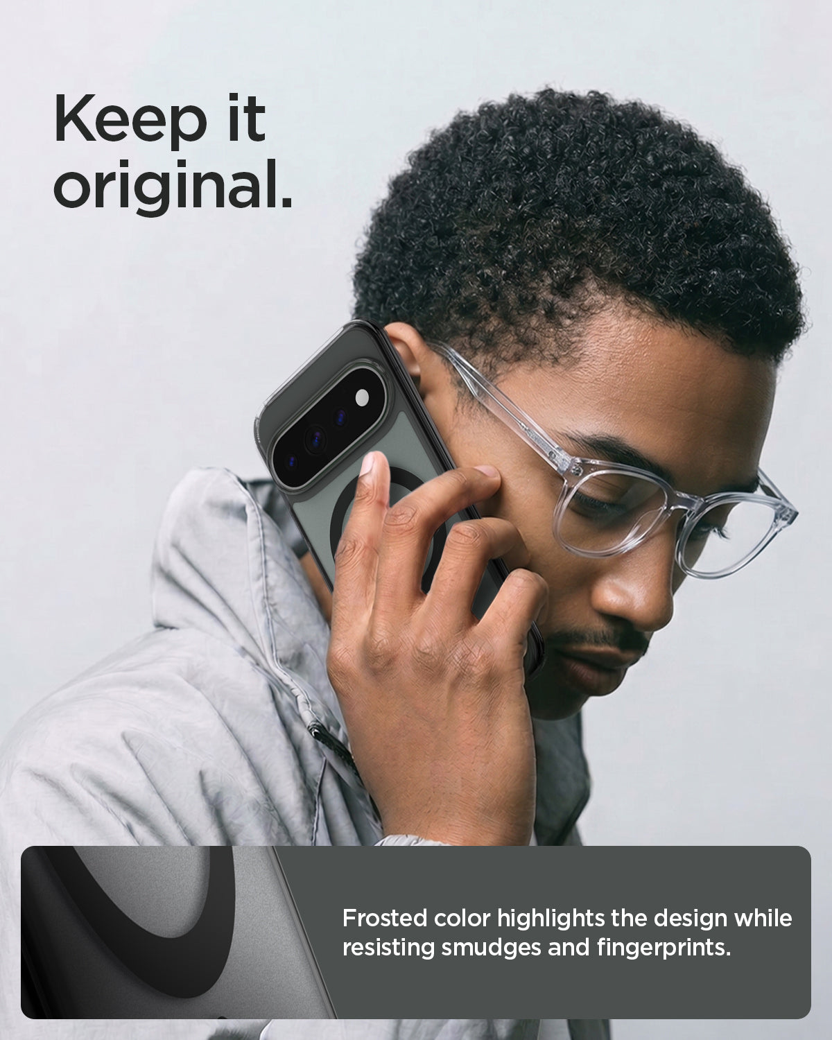 ACS11452 - Pixel 11 Pro XL Ultra Hybrid (Mag Fit) Frost Black person holding the case highlighting DuraClear technology for longer lasting clarity.