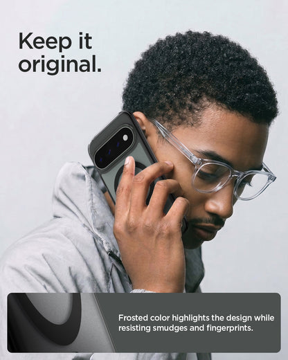 ACS11452 - Pixel 11 Pro XL Ultra Hybrid (Mag Fit) Frost Black person holding the case highlighting DuraClear technology for longer lasting clarity.