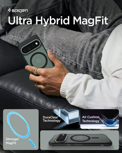 ACS11452 - Pixel 11 Pro XL Ultra Hybrid (Mag Fit) Frost Black lifestyle image featuring the Ultra Hybrid MagFit case with DuraClear technology, Air Cushion protection, and a built in MagFit ring.