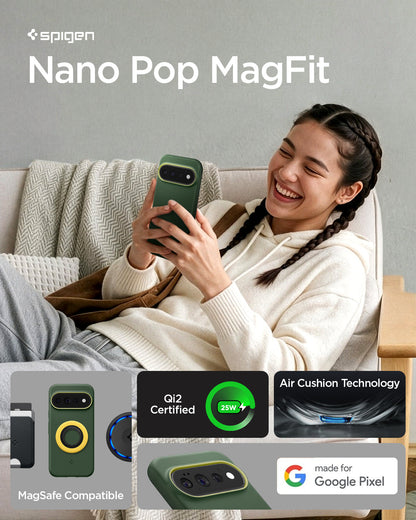 ACS11436 - Pixel 11 Pro Nano Pop (Mag Fit) Avo Green person holding the Nano Pop MagFit case demonstrating magnetic compatibility, Qi2 certified charging, and everyday use.