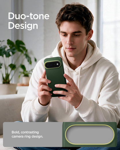 ACS11436 - Pixel 11 Pro Nano Pop (Mag Fit) Avo Green person holding the Nano Pop MagFit case featuring a contrasting camera surround and smooth exterior finish.
