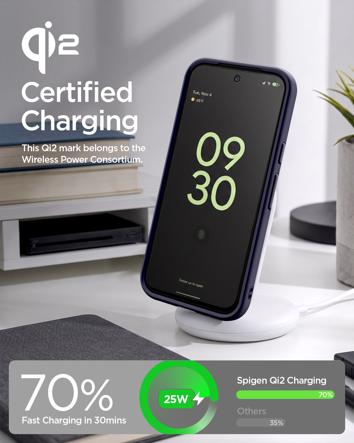 ACS11434 - Pixel 11 Pro Nano Pop (Mag Fit) Blueberry Navy charging on a wireless charger with the Qi2 certified case installed.