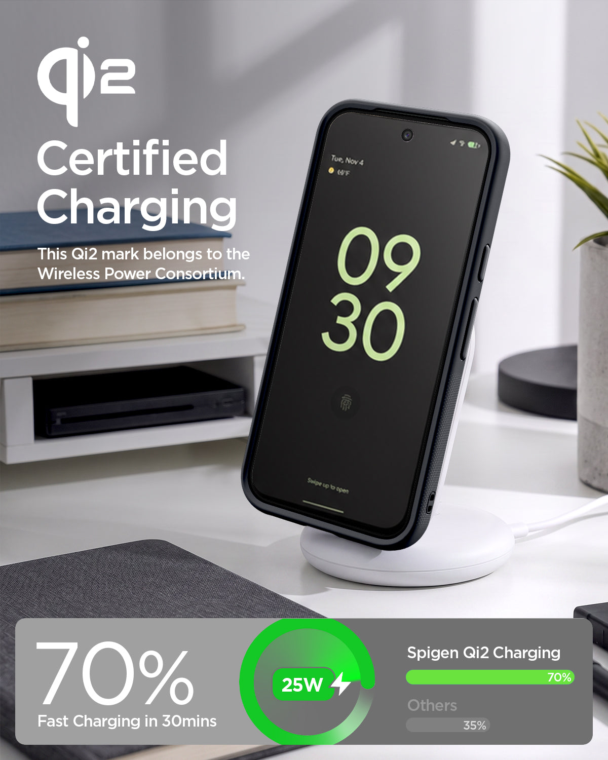 ACS11435 - Pixel 11 Pro Nano Pop (Mag Fit) Black Sesame charging on a wireless charger with the Qi2 certified case installed.