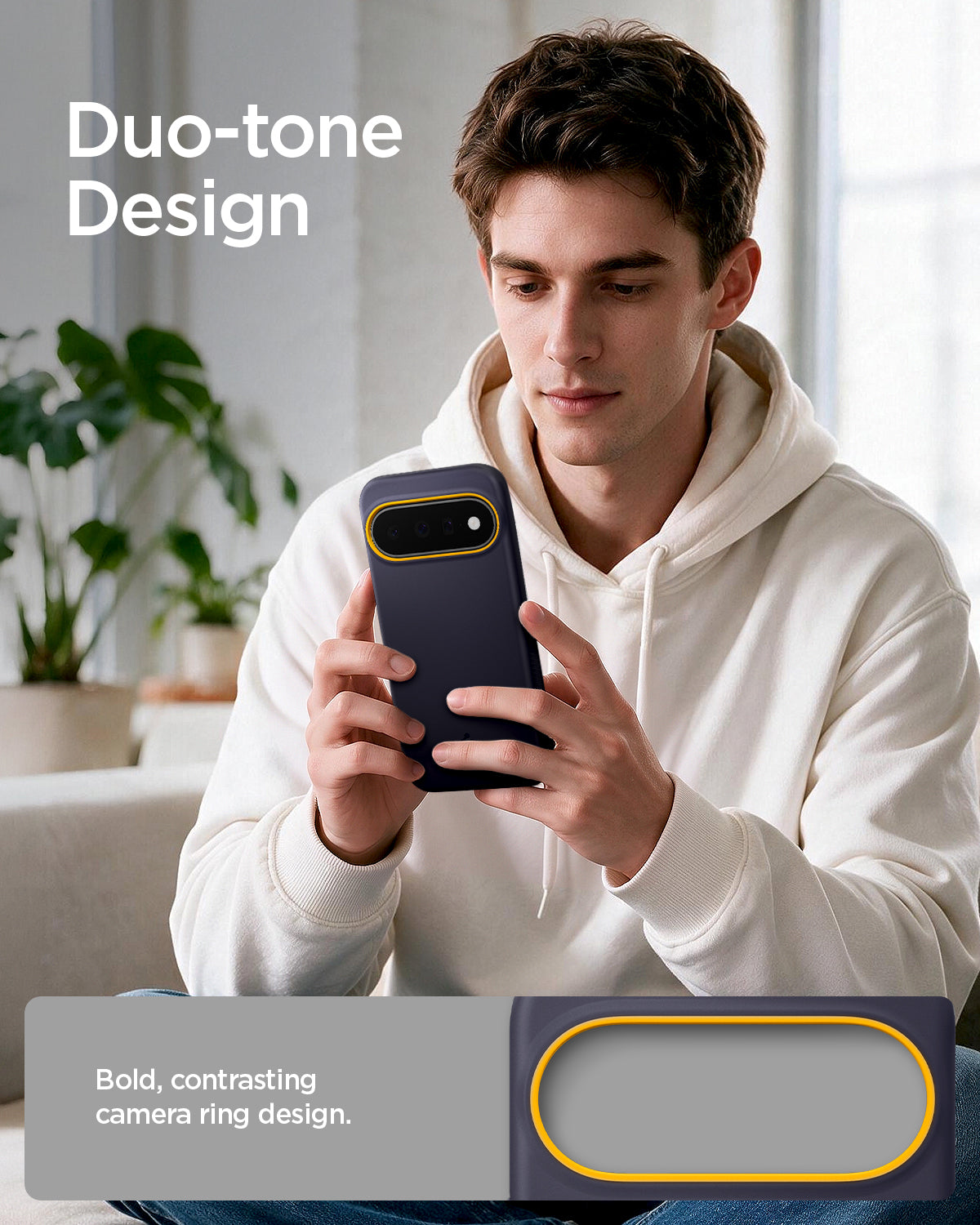 ACS11444 - Pixel 11 Nano Pop (Mag Fit) Blueberry Navy person holding the Nano Pop MagFit case featuring a contrasting camera surround and smooth exterior finish.