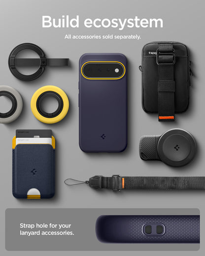 ACS11444 - Pixel 11 Nano Pop (Mag Fit) Blueberry Navy case shown with compatible magnetic accessories including a wallet, charger, ring grip, pouch, and lanyard.