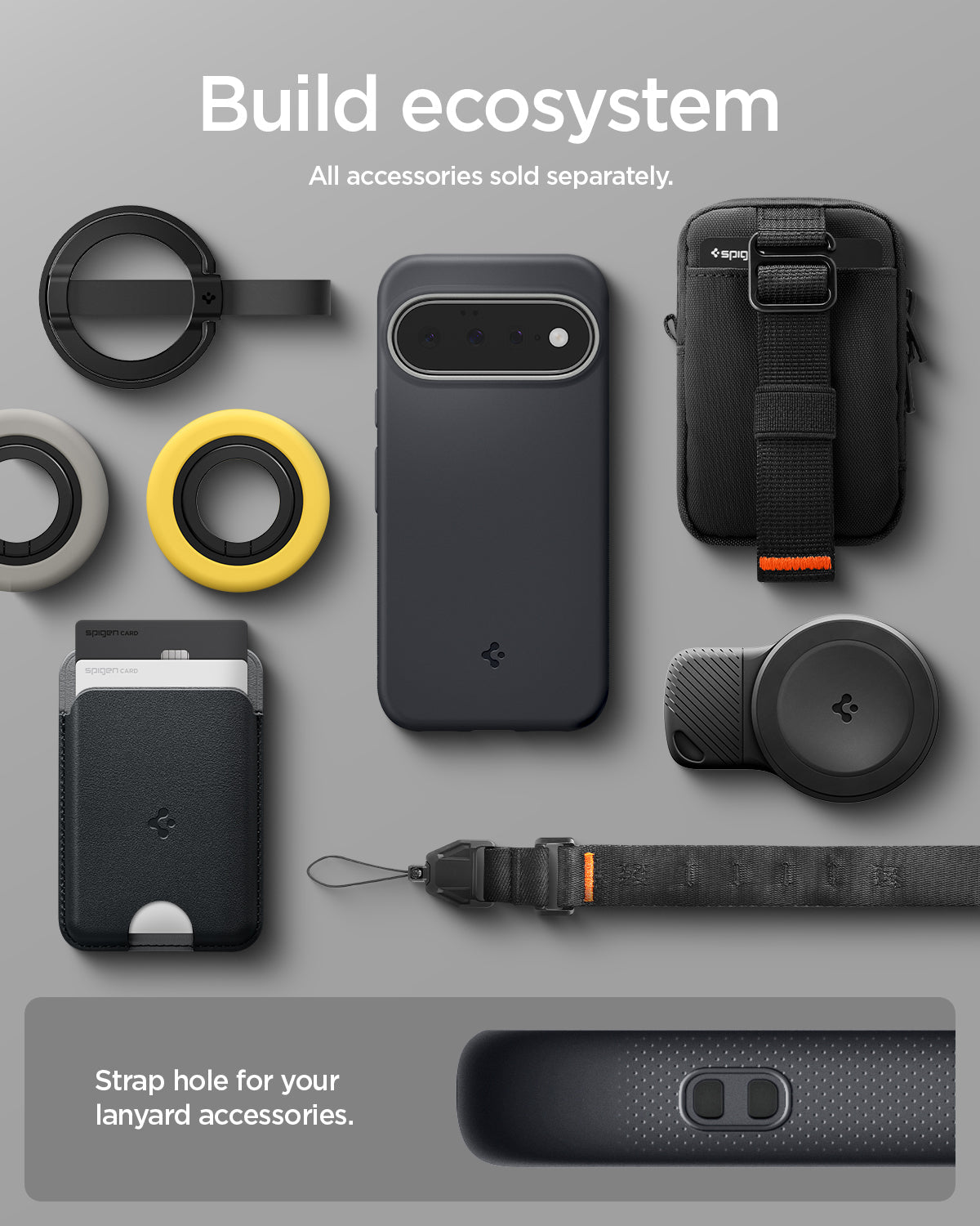 ACS11445 - Pixel 11 Nano Pop (Mag Fit) Black Sesame case shown with compatible magnetic accessories including a wallet, charger, ring grip, pouch, and lanyard.