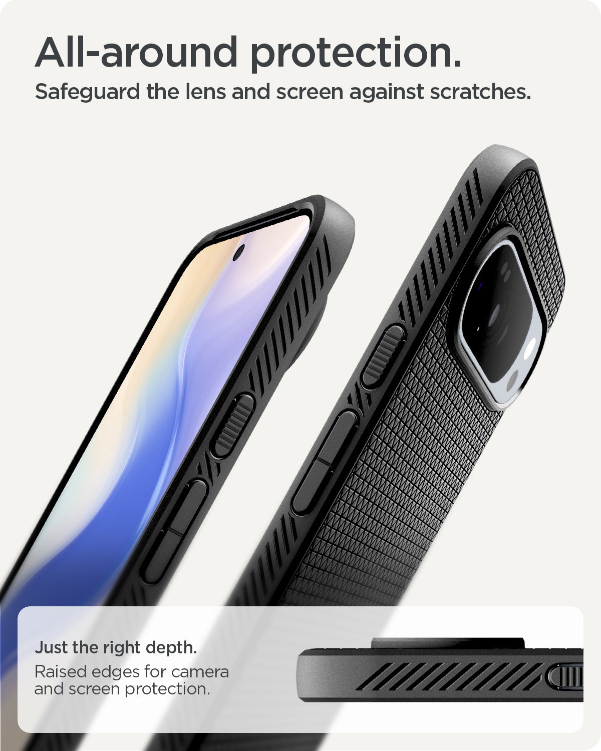 ACS09737 - Pixel 10 Pro XL Case Liquid Air in matte black showing the all around protection. Safeguard the lens and screens against scratches. Just the right depth and raised edges for camera and screen protection