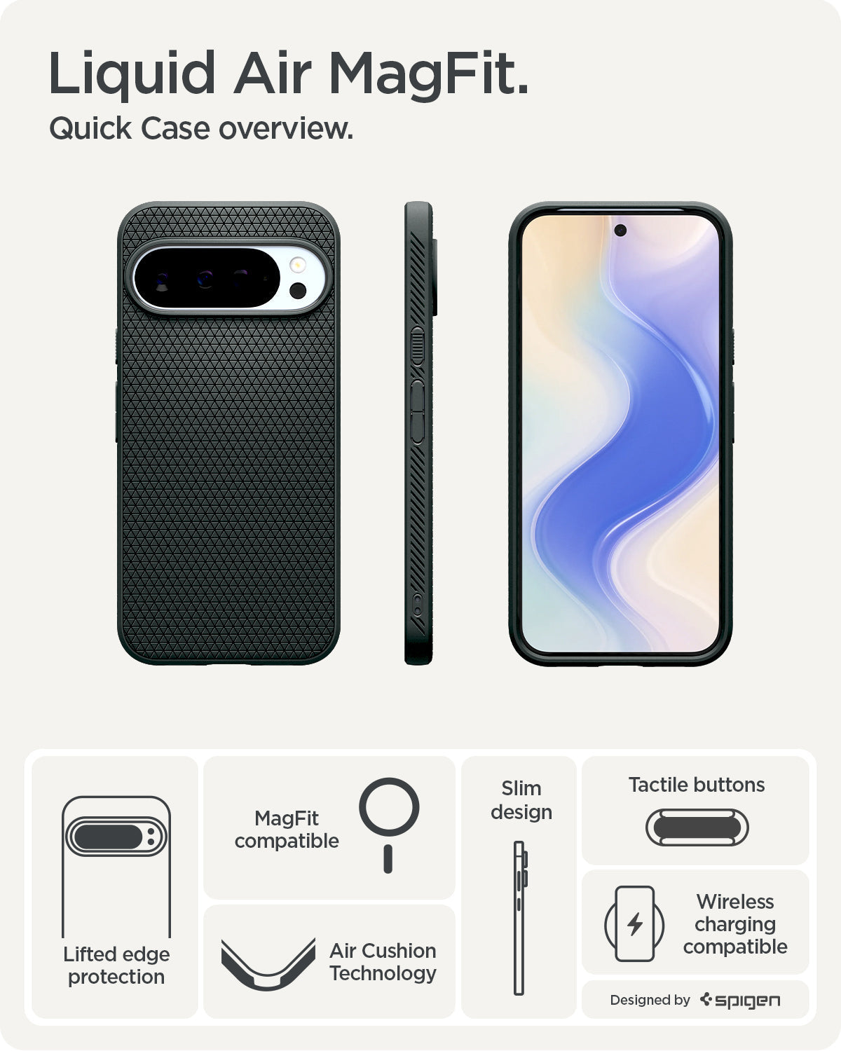 ACS09719 - Pixel 10 Pro XL Case Liquid Air (MagFit) in abyss green showing the quick case overview. Lifted edge protection, MagFit compatible, Aircushion technology, slim design, tactile buttons and wireless charging compatible