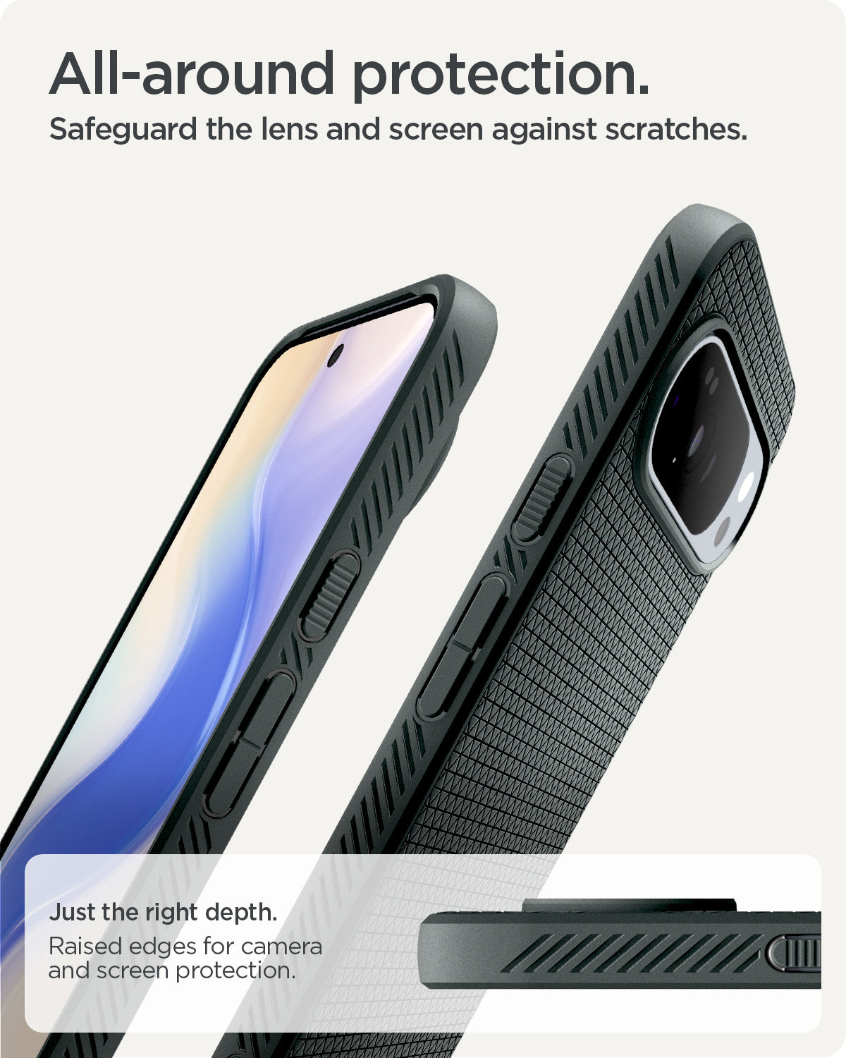 ACS09719 - Pixel 10 Pro XL Case Liquid Air (MagFit) in abyss green showing the all around protection. Safeguard the lens and screen against scratches. Just the right depth of raised edges for camera and screen protection