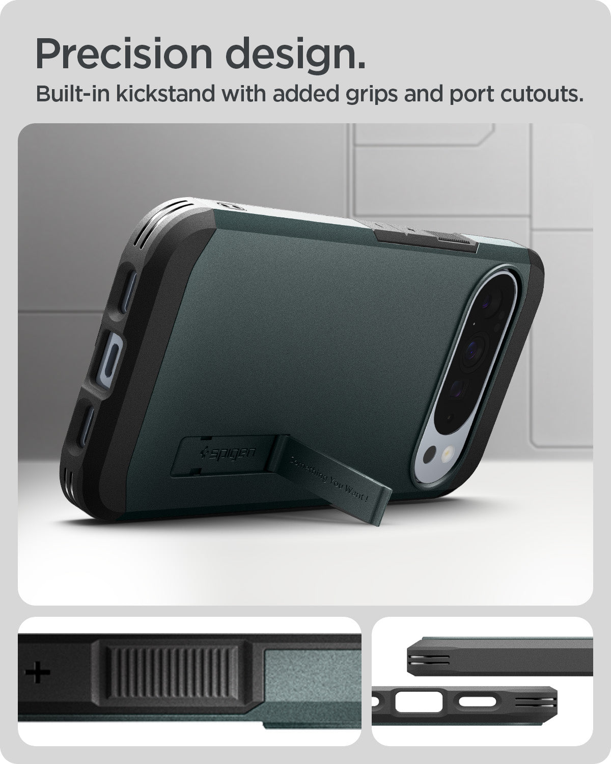 ACS09730 - Pixel 10 Pro XL Tough Armor AI (MagFit) in Abyss Green showing precision design. built in kickstand with added grips and port cutouts