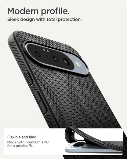 ACS09714 - Pixel 10 / Pixel 10 Pro Case Liquid Air in matte black showing the modern profile. Sleek design with total protection. Flexible and fluid, made with premium TPU for a precise fit