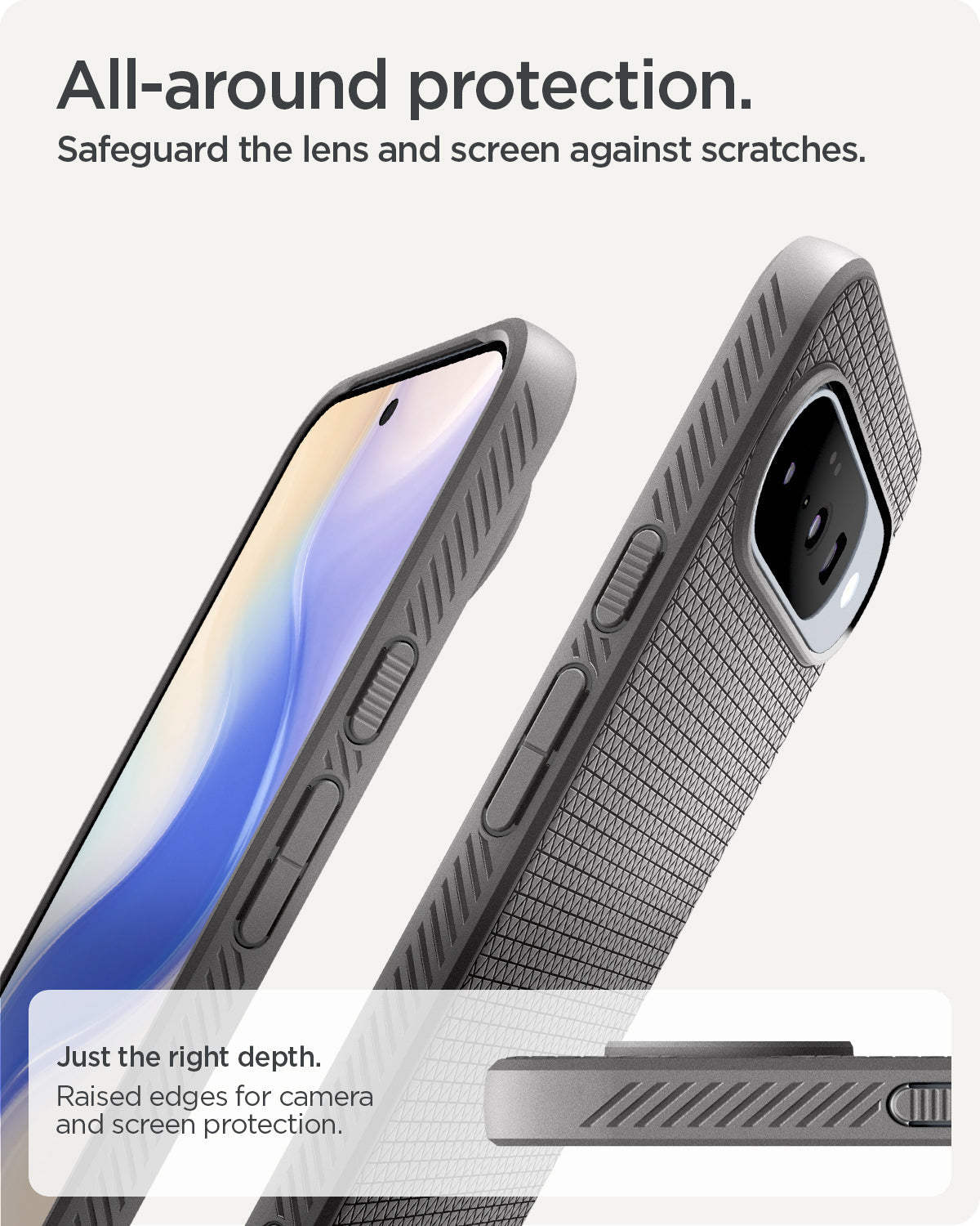 ACS09697 - Pixel 10 Pro Case Liquid Air (MagFit) in gray showing the all around protection. Safeguard the lens and screen against scratches. Just the right depth of raised edges for camera and screen protection