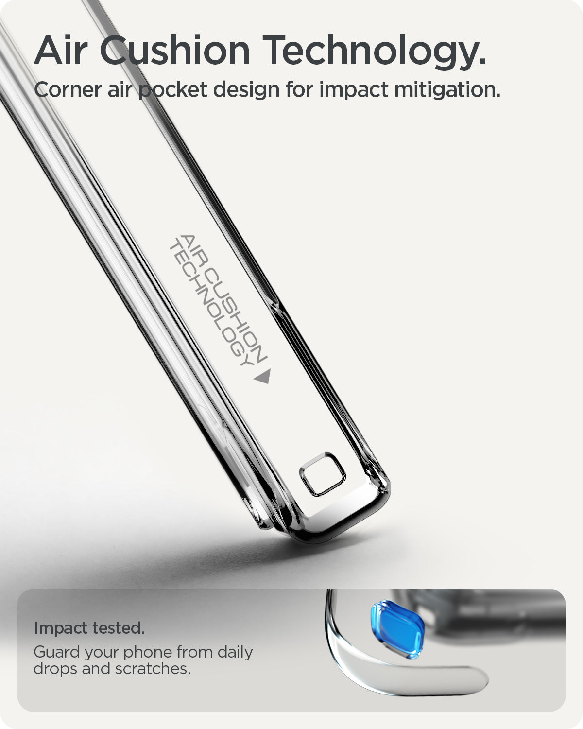ACS09715 - Pixel 10 / Pixel 10 Pro Case Ultra Hybrid in crystal clear showing the air cushion technology. Corner air pocket design for impact mitigation. Impact tested to guard your phone from daily drops and scratches