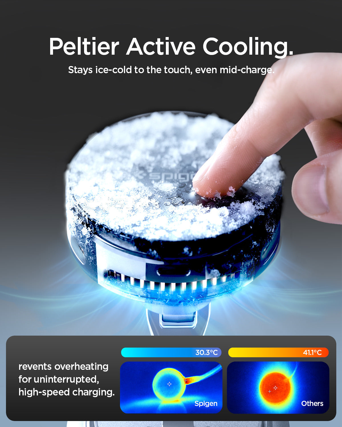 ACP11399 - Peltier Dashboard Charging Mount with Cable | PLT100 (Mag Fit) showing "Peltier Active Cooling" a frost-covered charging head being touched, with thermal images comparing 30.3°C (Spigen) to 41.1°C (others).