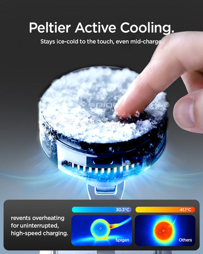 ACP11399 - Peltier Dashboard Charging Mount with Cable | PLT100 (Mag Fit) showing "Peltier Active Cooling" a frost-covered charging head being touched, with thermal images comparing 30.3°C (Spigen) to 41.1°C (others).
