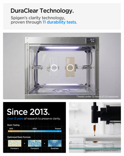 ACS11495 - Galaxy Z Fold 8 Ultra Air Skin Zero (Mag Fit) showing the "DuraClear Technology" graphic, a UV exposure test chamber with two phone cases inside, alongside a timeline of resin formula development since 2013 and a stain-testing setup dripping liquid onto a case