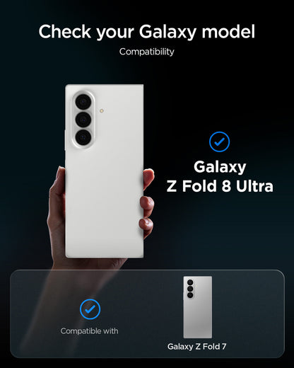 AGL09576 - Galaxy Z Fold 8 Ultra GLAS.tR EZ Fit Pro showing the "Check your Galaxy model" compatibility graphic, confirming compatibility with the Galaxy Z Fold 8 Ultra Galaxy Z Fold 7.