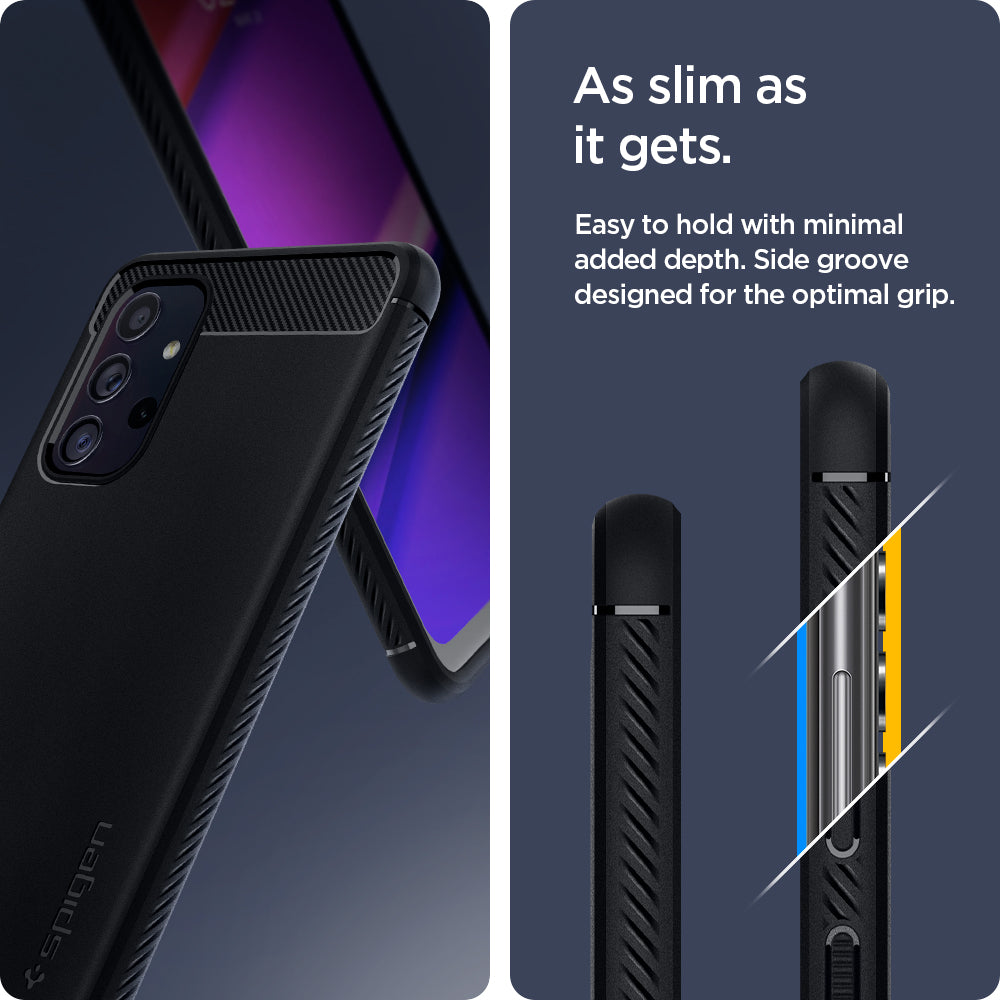 ACS02741 - Galaxy A32 Case Rugged Armor in Matte Black showing the slimmer as it gets. Easy to hold with minimal added depth. Side groove designed for the optimal grip