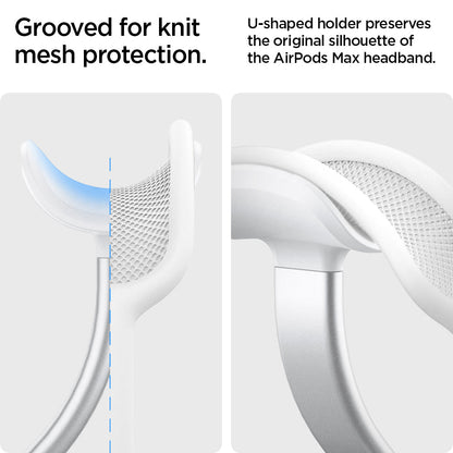 AMP02817 - Apple Airpods Max MagFit Stand in silver showing the grooved for knit mesh protection, u-shaped holder preserves the original silhouette of the airpods max headband