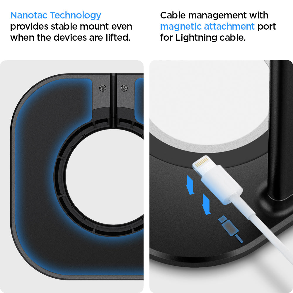 AMP02818 - Apple Airpods Max MagFit Stand in black showing nanotec technology, provides stable mount even when the devices are lifted, cable management with magnetic attachment port for lightning cable