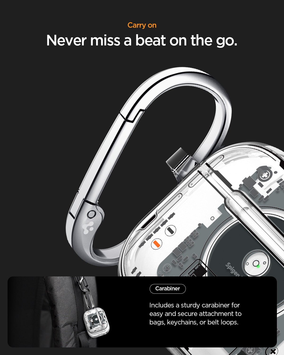 ACS09824 - AirPods Pro 3 Series Ultra Hybrid Neo One (MagFit) showing carry on. never miss a beat on the go. carabiner. includes a sturdy carabiner for easy and secure attachment to bags keychains or belt loops.