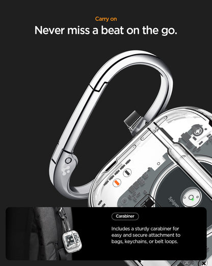 ACS09824 - AirPods Pro 3 Series Ultra Hybrid Neo One (MagFit) showing carry on. never miss a beat on the go. carabiner. includes a sturdy carabiner for easy and secure attachment to bags keychains or belt loops.