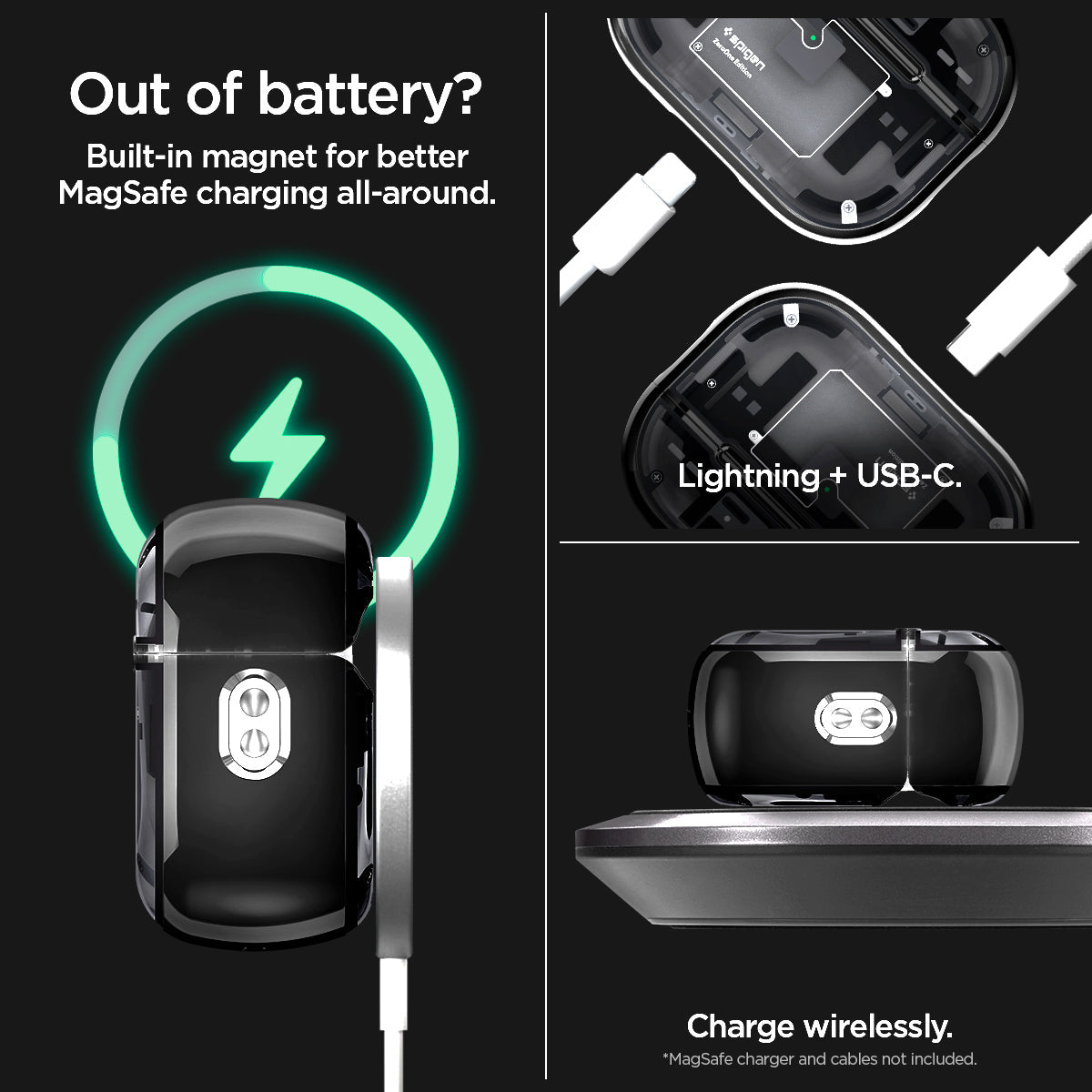 ACS05593 - AirPods Series Ultra Hybrid Zero One (MagFit) Case in zero one showing the built-in magnet for better MagSafe charging all-around. Lightning USB-C and charged wirelessly