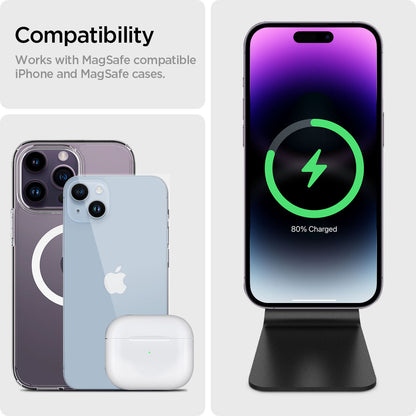 ACH02574 - OneTap Pro Wireless Magnetic Charging Stand (MagFit) in black showing the compatibility. Works with MagSafe compatible iPhone and MagSafe cases