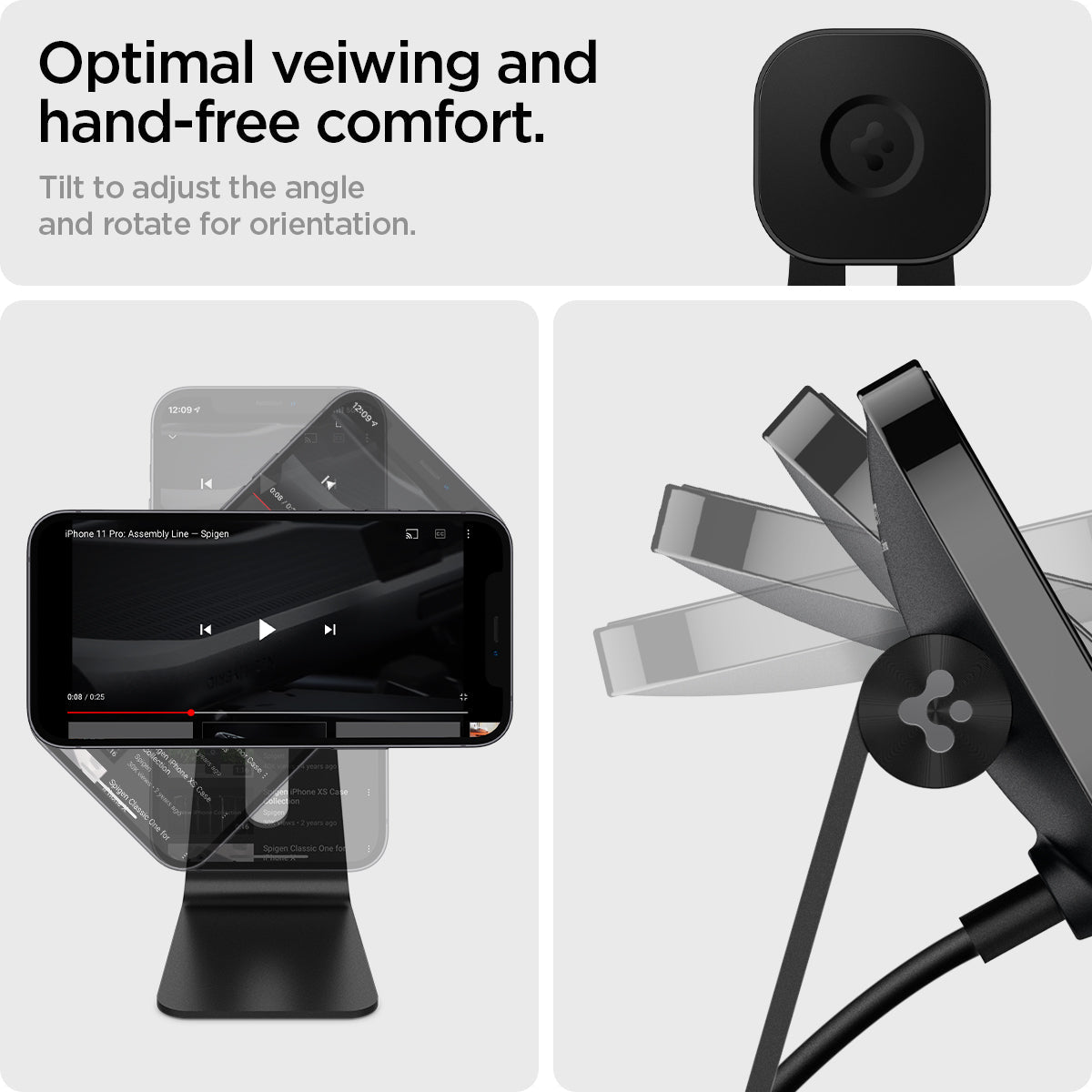 ACH02574 - OneTap Pro Wireless Magnetic Charging Stand (MagFit) in black showing the optimal viewing and hand-free comfort. Tilt to adjust the angle and rotate for orientation