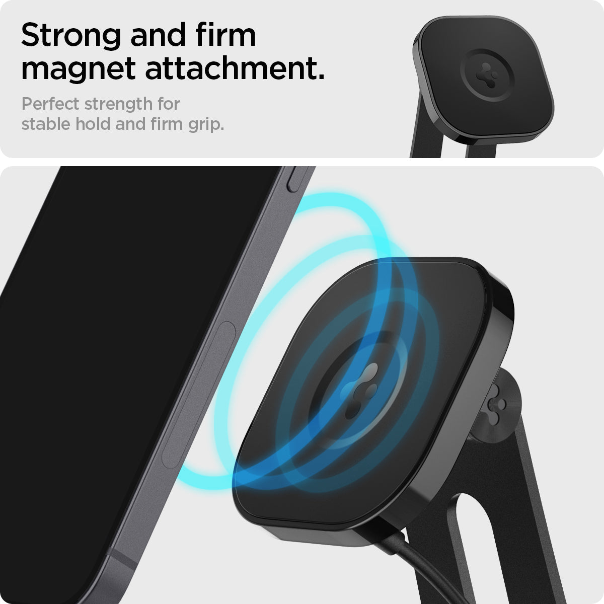 ACH02574 - OneTap Pro Wireless Magnetic Charging Stand (MagFit) in black showing the strong and firm magnet attachment. Perfect strength for stable hold and firm grip